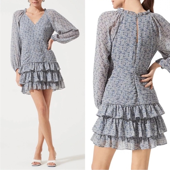 NEW ASTR The Label Blue Floral Long Sleeve Tiered Ruffle Shirred Mini Dress Sz M - Picture 13 of 14